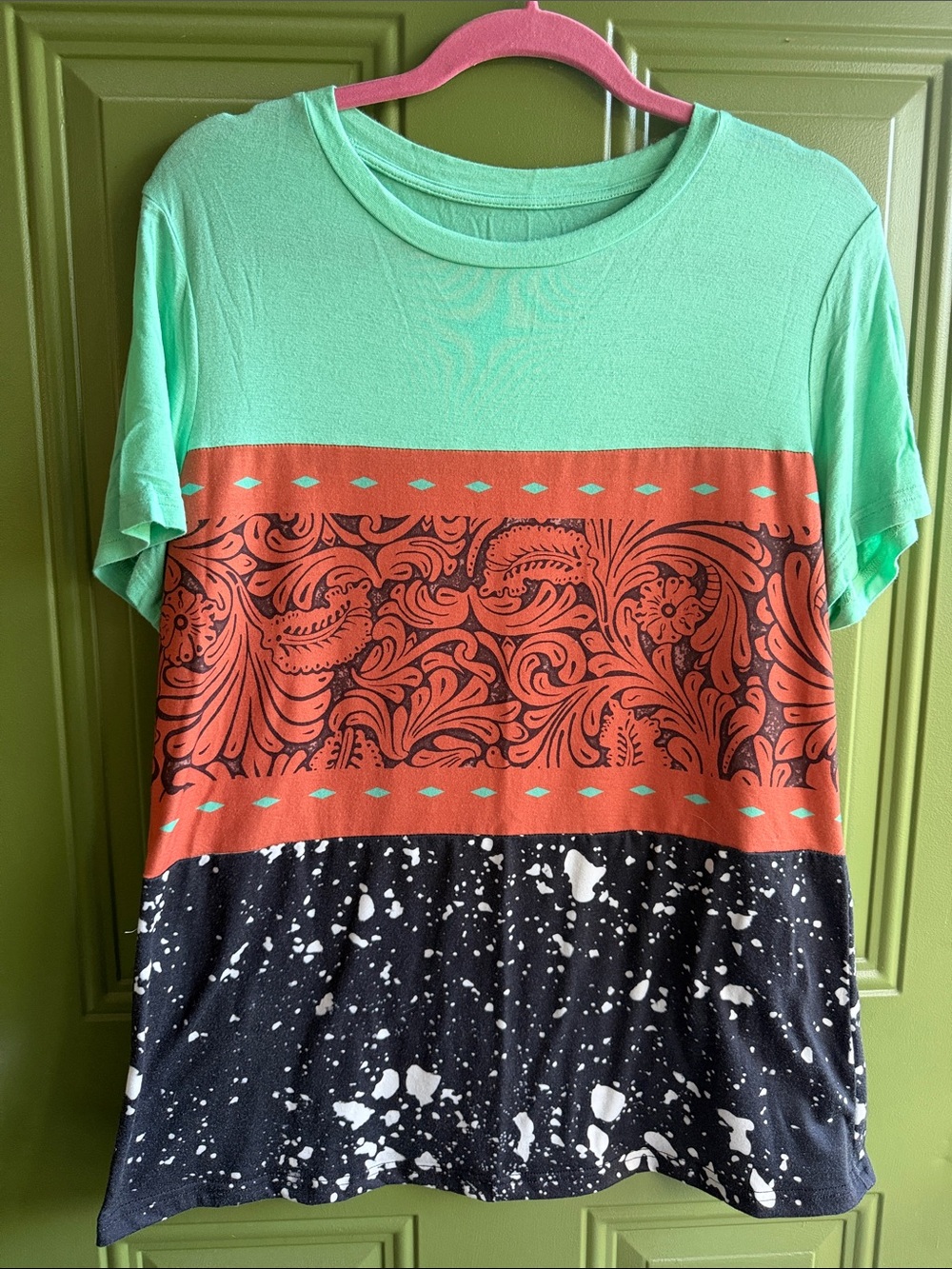 Mint Green Patterned Colorblock Women's Tee